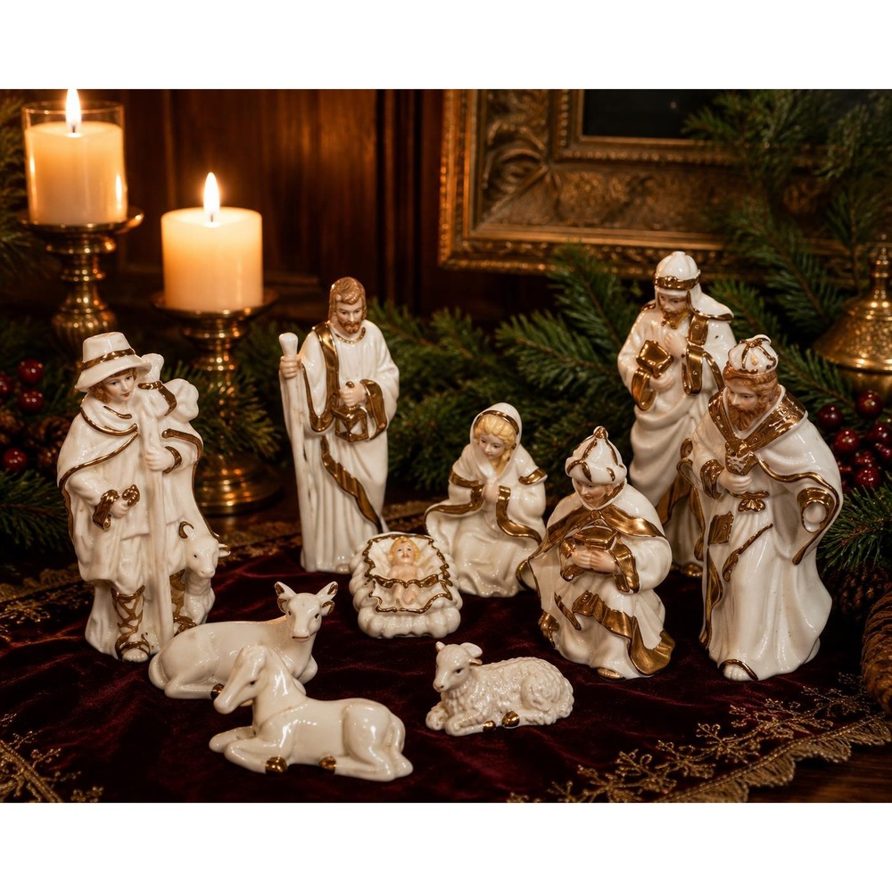 VTG White Gold Porcelain Nativity Set 10 Piece Christmas Manger Holy Family see